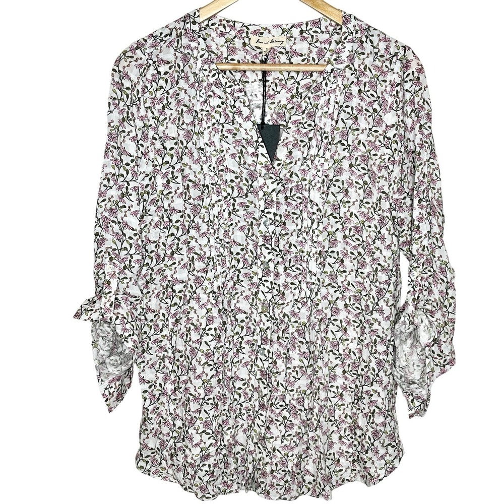 Jane and Delancey Floral Top White Pink Womens Small Roll Tab Button Up Cottage